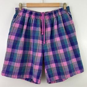 Vintage Colorful Plaid Baggy Pull On Shorts Size XL Pink Blue Purple Cotton 7”